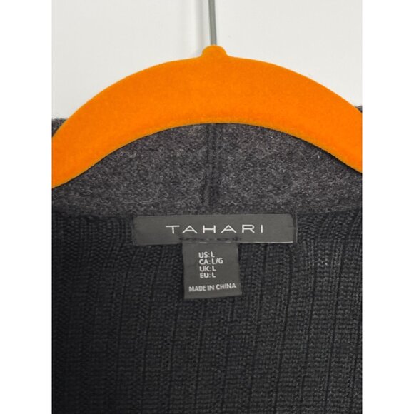 Tahari Black Gray Color Block Open Front Cardigan Wool Collared Size Large - Picture 4 of 9